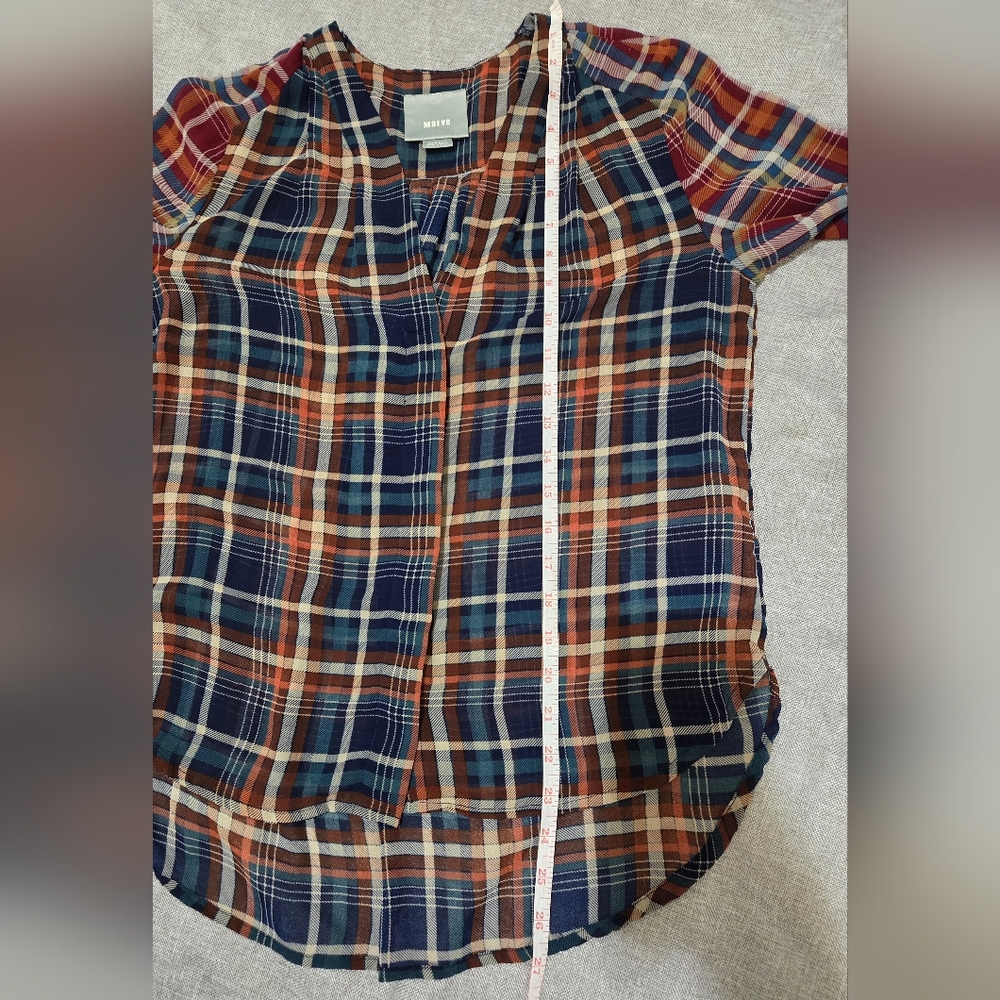 Maeve Sheer Plaid Long Sleeve Button Up Blouse Blue Orange Cream Red Size XS - Picture 12 of 12